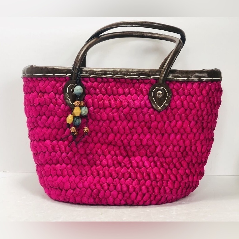 Limited Edition Straw Tote Bag Bright Raspberry Lined 2 Pockets Beaded Charm